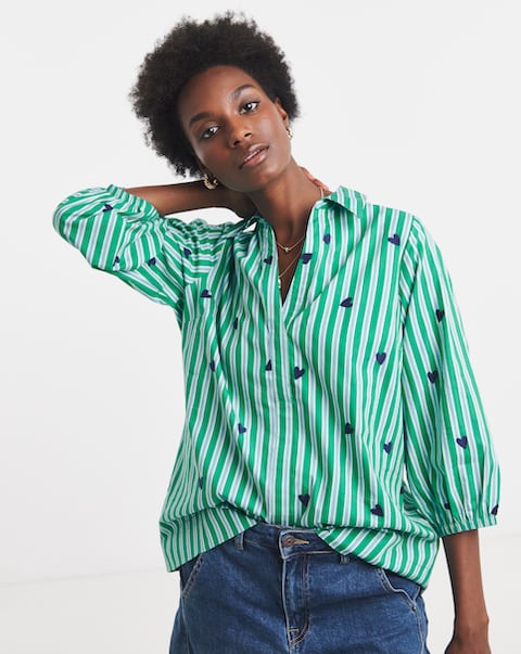 Green Stripe Poplin Popover Collared Blouse