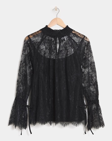 Black Eyelash Lace Top With Sleeve Detail