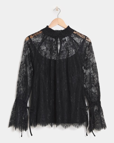 Black Eyelash Lace Top With Sleeve Detail