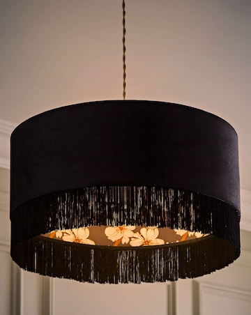 ValueLights Kimberly Black Velvet Printed Inner Drum Shade with Fringe Trim