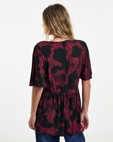 Print Lace Trim Angel Sleeve Longline Top