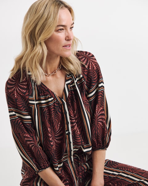 Border Print Collarless Button Through Blouse