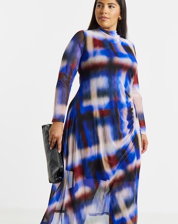 Check Print Ruched Mesh Midi Dress