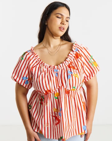 Red Stripe Puff Sleeve Top