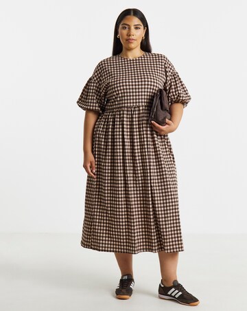 Simply Be Brown Gingham Waffle Bow Back Midi Dress