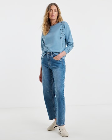 Pure Cotton Crew Neck Cutwork Long Sleeve Sweatshirt