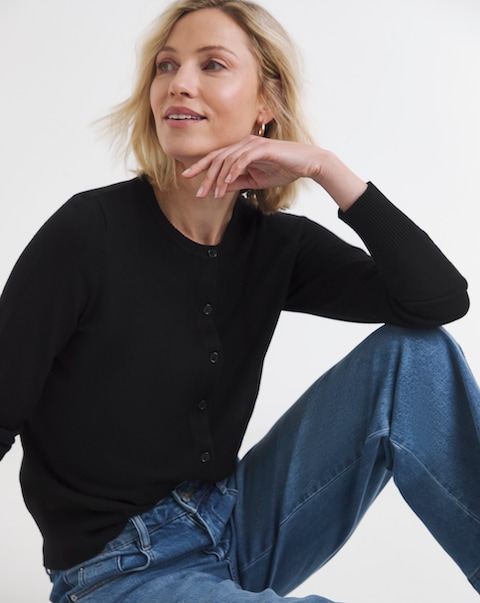 Fine Knit Black Crew Neck Cardigan