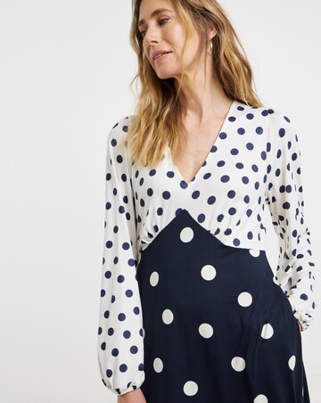 Black Spot Contrast Print Jersey Midi Tea Dress