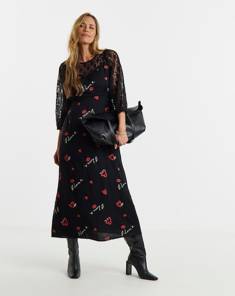 New In - Conversation Print Lace Panel Tea Dress