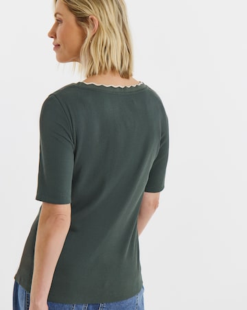 Khaki And Cream Contrast Scallop Scoop Neck Top