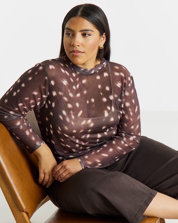 Brown Deer Print High Neck Mesh Top