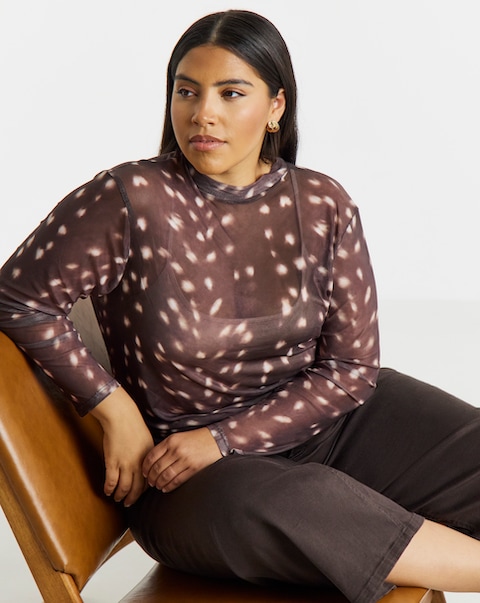 Brown Animal Print High Neck Mesh Top