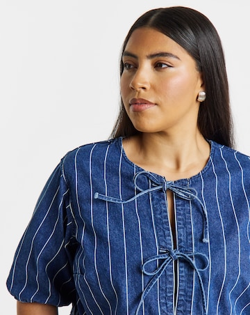 Simply Be Striped Blue Tie Front Denim Peplum Blouse