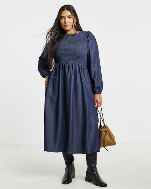 New In - Long Sleeve Denim Shirred Midaxi Dress