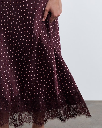 Simply Be Burgundy Spot Satin Lace Trim Midaxi Skirt Co Ord