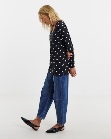 Mono Spot Print 3/4 Sleeve Slouch V-Neck Longline Top