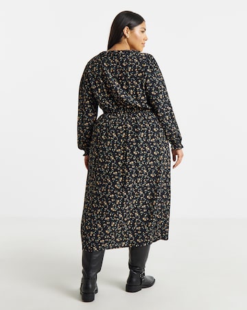 Ditsy Floral Print Frill Neck Detail Midi Dress