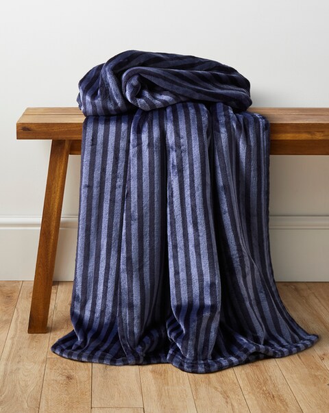 New In - Printed Stripe Fleece Throw - Navy