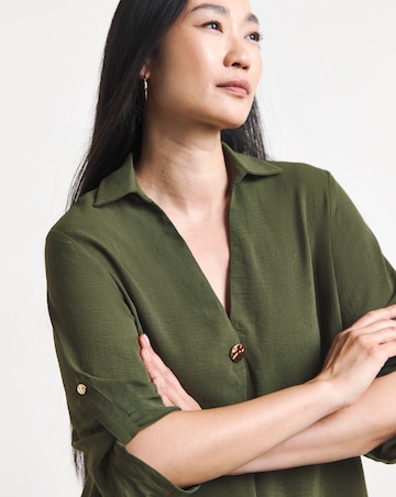 Olive Green Button Detail Collar Popover Top