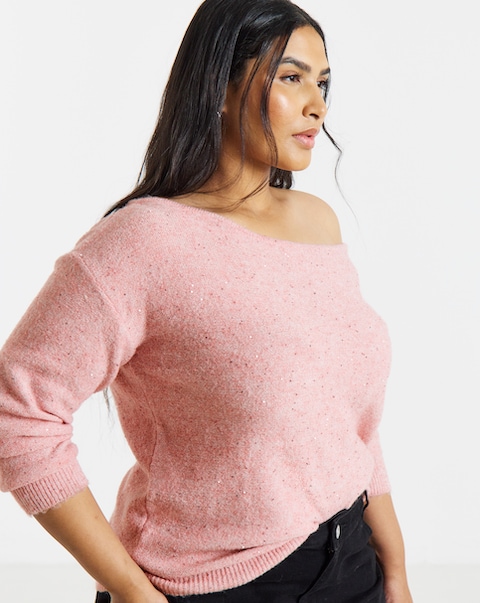 Slouchy Off Shoulder Longline Sequin Jumper