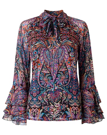 Joe Browns Boho Print Tie Neck Blouse With Ruffle Sleeve Detail