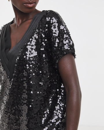 Black Longline V-Neck Sequin Top