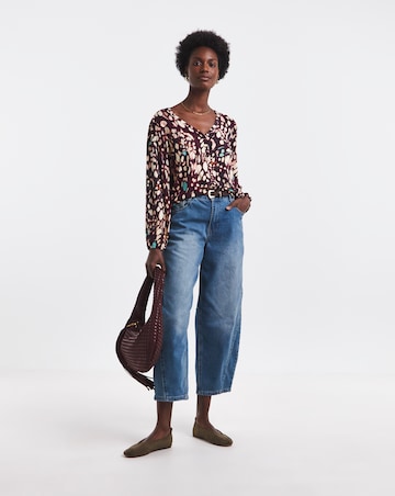 Butterfly Print Button Front Long Sleeve Top
