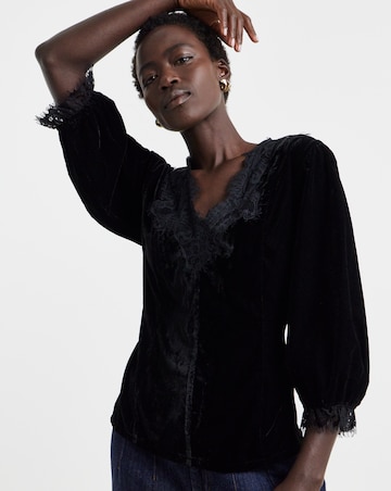 Black Lace Trim Velvet Puff Sleeve Top