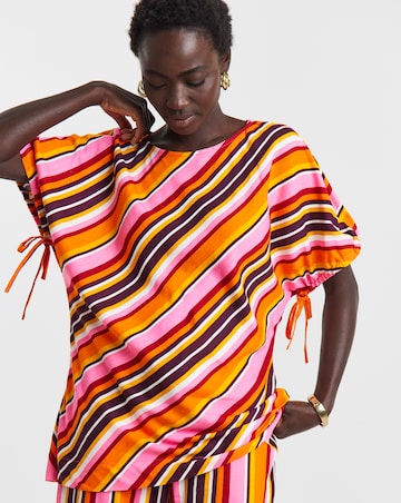 Printed Linen Mix Elasticated Cuff Boxy Top