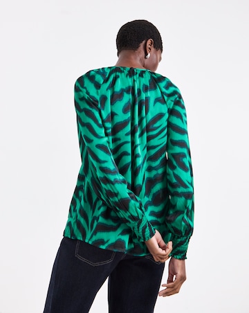 Green Animal Print Satin Raglan Blouse