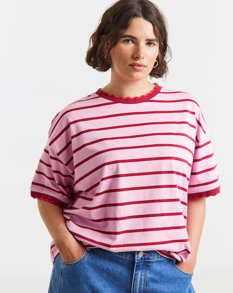 Simply Be Striped Scallop Trim Boxy T-Shirt