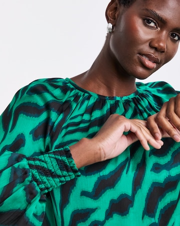 Green Animal Print Satin Raglan Blouse