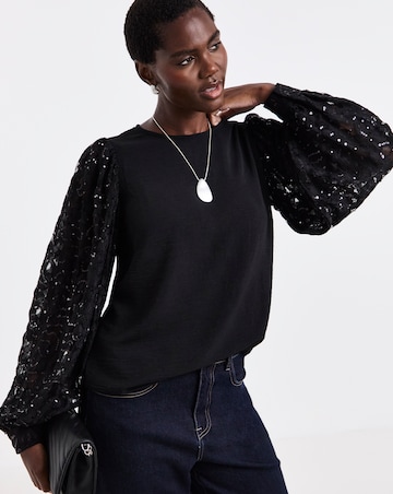 Black Sequin Lace Sleeve Top