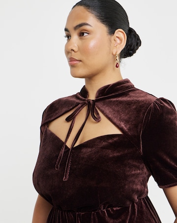 Simply Be Chocolate Velour Cutout Tie Neck Skater Dress