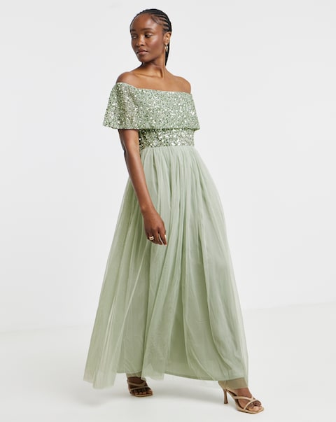 Maya Curve Bardot Sequin Embellishment Tulle Maxi Dress