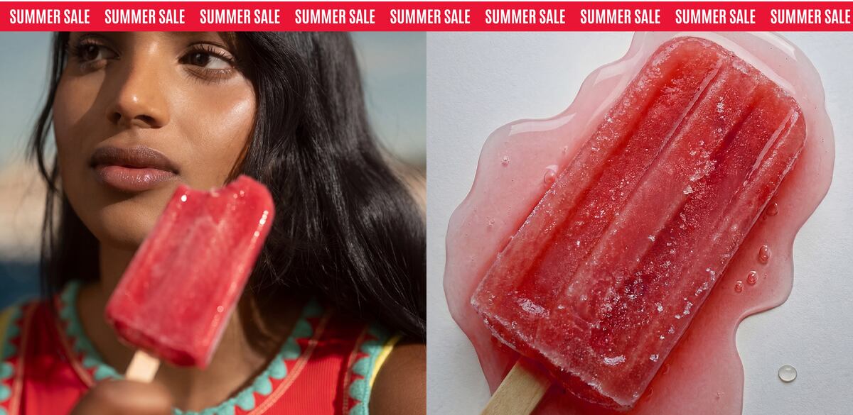 Summer sale banner featuring a close-up of a person holding a red ice lolly beside a melting ice lolly on a white background.