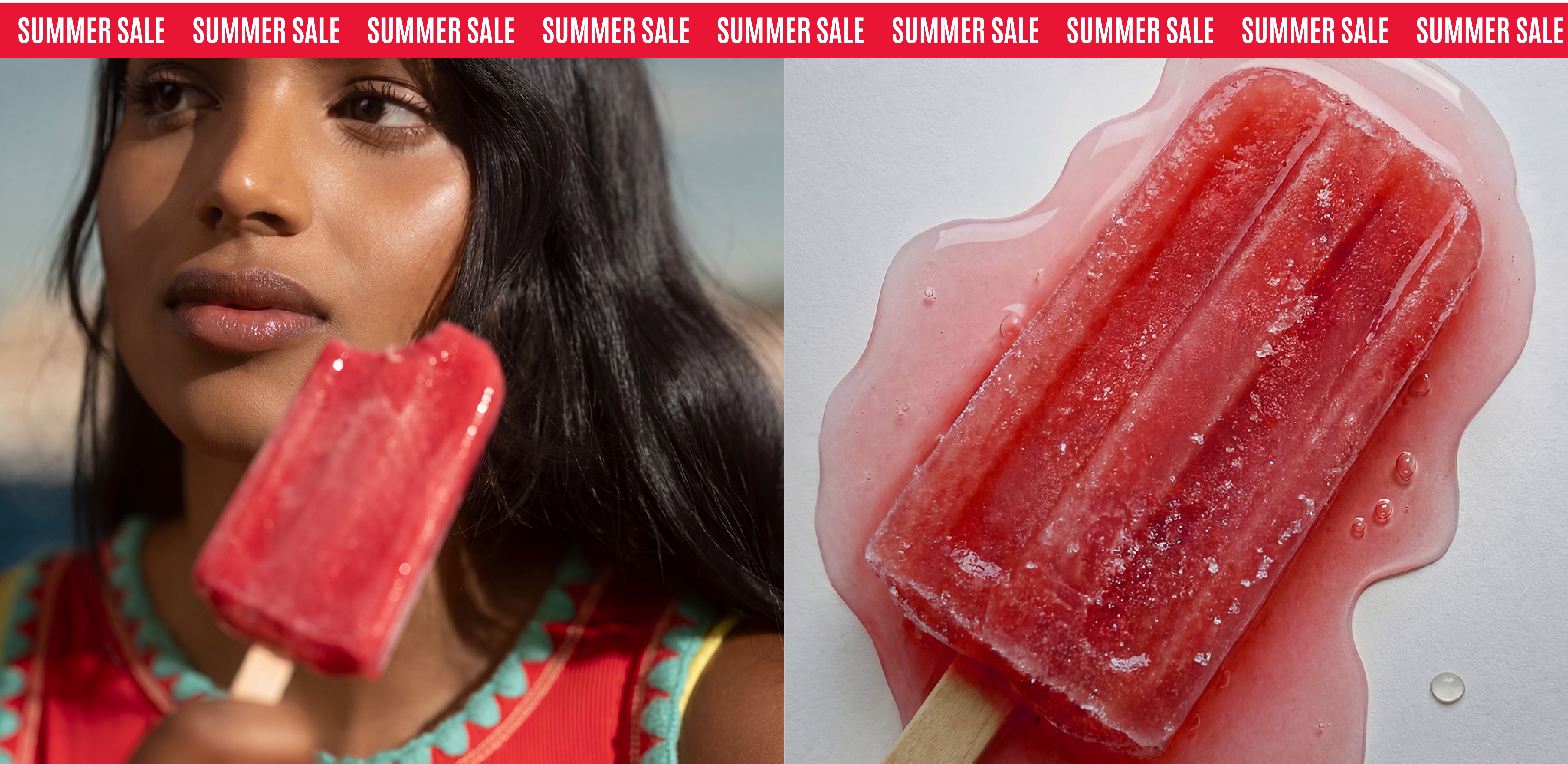 Summer sale banner featuring a close-up of a person holding a red ice lolly beside a melting ice lolly on a white background.