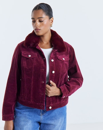 Burgundy Detachable Faux Fur Collar Cord Jacket