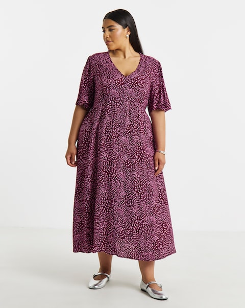 Berry Print Spun Viscose Button Up Midi Dress