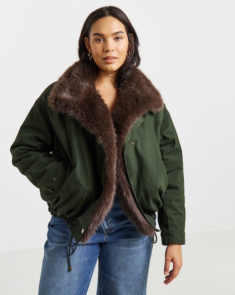 Dark Green Faux Fur Collar Parka Jacket