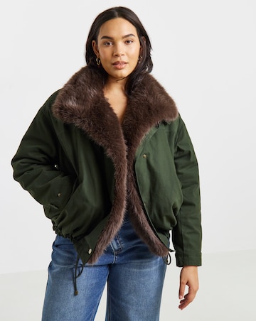 Dark Green Detachable Faux Fur Collar Parka Jacket