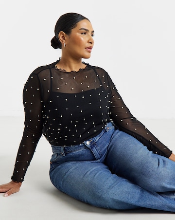 Simply Be Black Long Sleeve Mesh Pearl Embellished Top