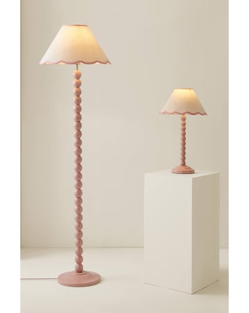 ValueLights Bobbles Rose Pink Bobbin Floor Lamp with Pink Trim Scallop Shade