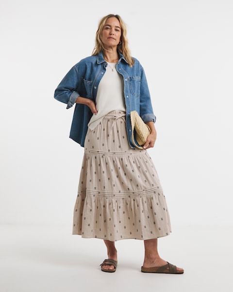 Pure Cotton Textured Tiered Midi Skirt