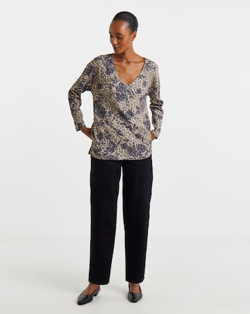 Leopard Floral Print Zip Front Long Sleeve Longline Top