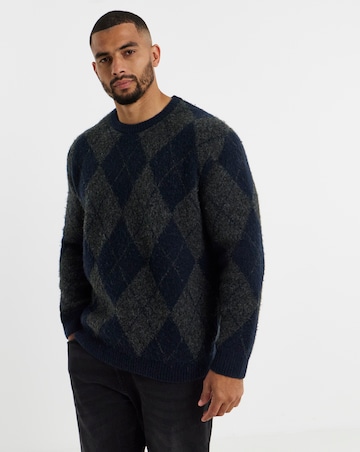 Jack & Jones Premium Blasimon Souffle Crew Neck Knit Argyle Jumper - Navy/Grey