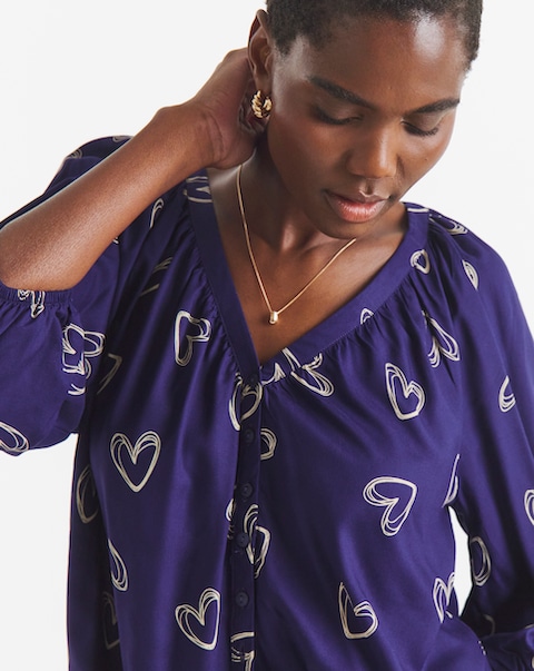 Navy Heart Collarless Button Through Blouse