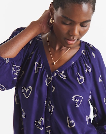 Navy Heart Collarless Button Through Blouse