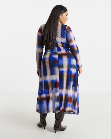 Check Print Ruched Mesh Midi Dress
