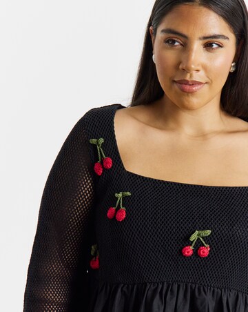 Simply Be Black Crochet Cherry Detail Skater Dress